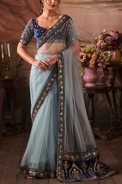Sky blue zari embroidered sari set
