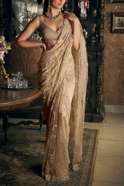 Slate floral crystal embroidery sari set