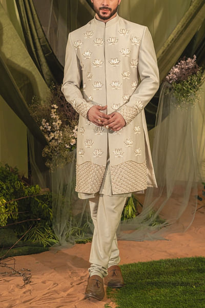 Slate grey embellished sherwani set