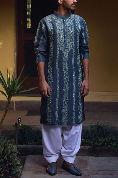 Slate grey floral embroidered kurta set