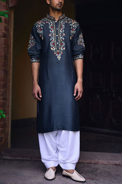 Slate grey floral embroidery kurta set