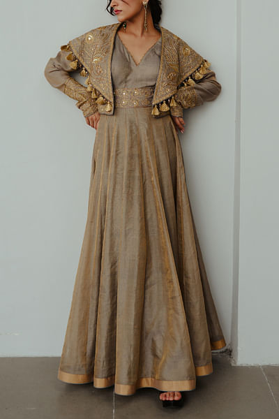 Smoky grey aari embroidery anarkali set