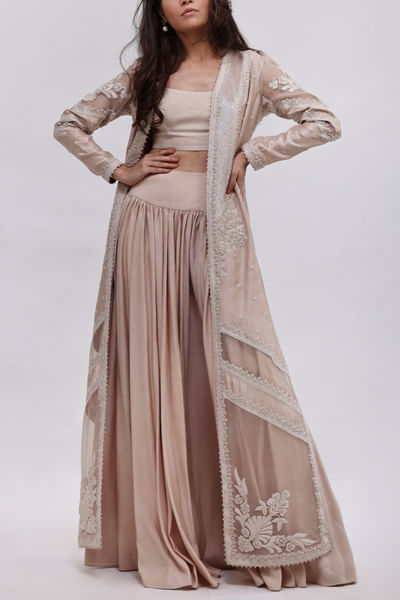 Soft peach floral embroidered jacket skirt set