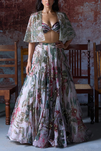 Soft pink embroidered floral print lehenga set