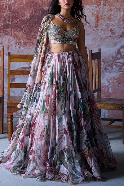 Soft pink floral and leaf printed lehenga set