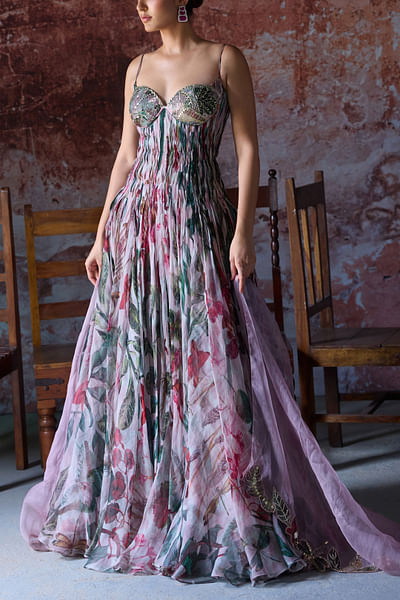Soft pink floral print embroidered gown