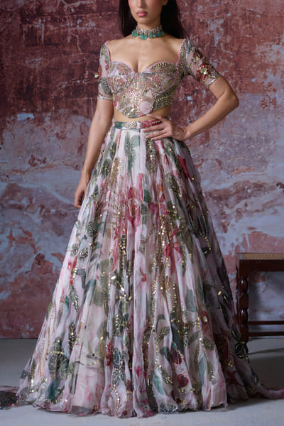 Soft pink floral print embroidered lehenga set