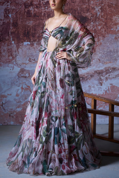 Soft pink floral print lehenga set