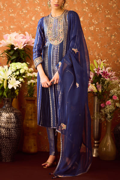 Spectrum blue floral embroidered kurta set