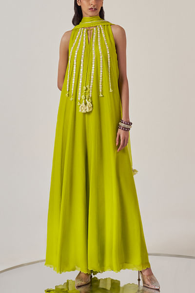 Spring green sequin embroidered jumpsuit set