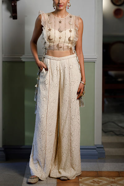 Stone embroidered ruffled co-ord set