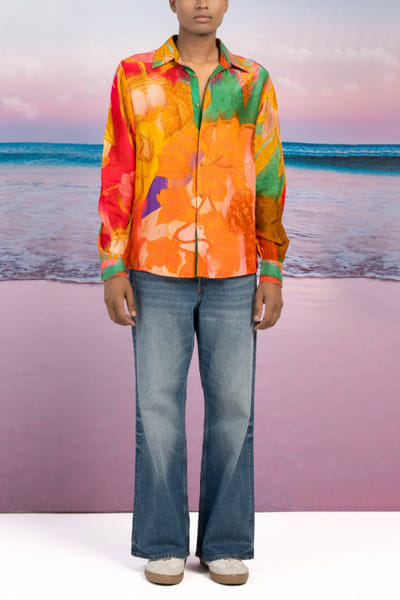 Siddhartha Bansal Sunset orange floral printed shirt SDBAUG24D112