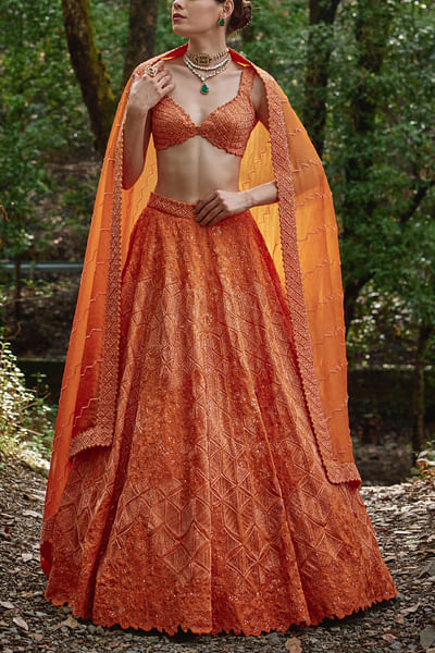 Sunset orange geometric embroidered lehenga set