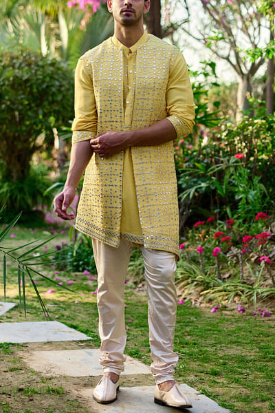 Sunset yellow mirror embroidery bandi kurta set