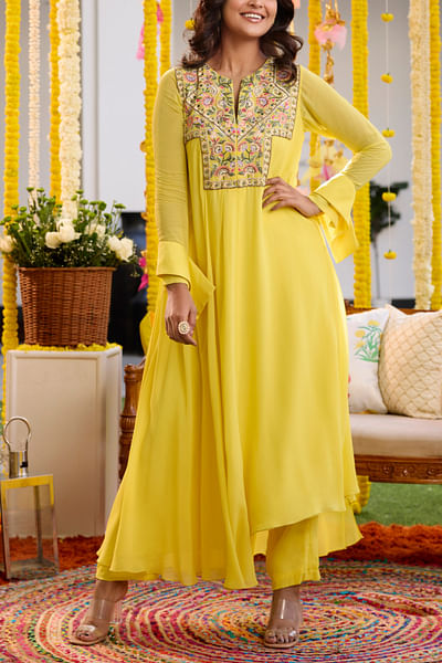 Sunshine yellow floral embroidered kurta set