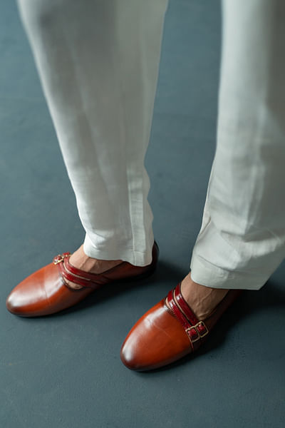 Tan and wine asymmetric strap shoes