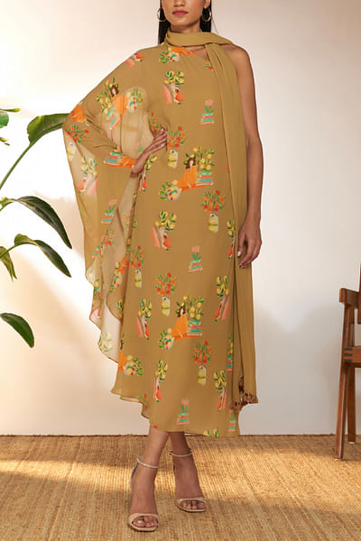 Tan floral printed one-shoulder kaftan