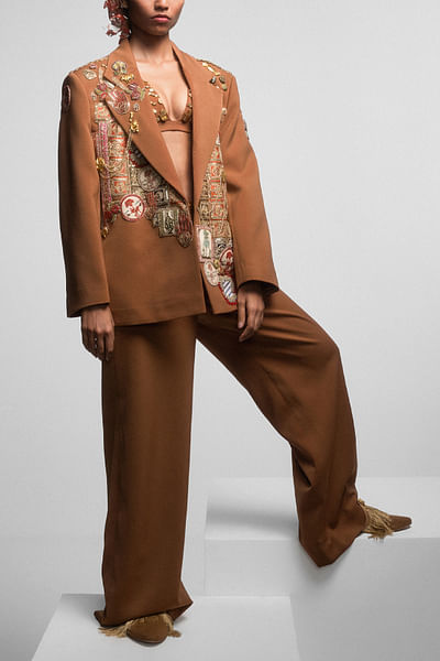 Tan mascot embellished and embroidered blazer