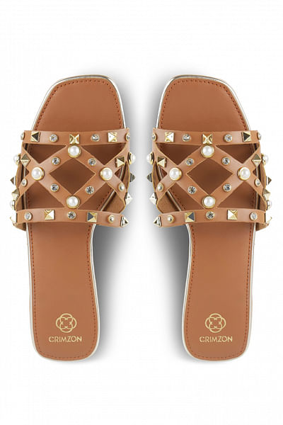 Tan pearl and metallic embellished flats