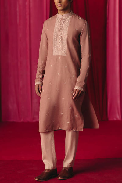 Tan pink floral embroidered kurta set