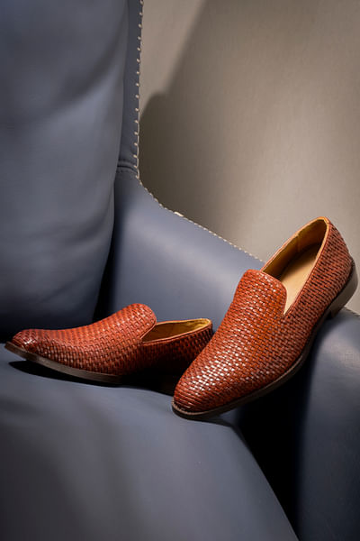 Tan weave cuban slip-on shoes