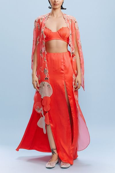 Tangerine embroidered cape and skirt set