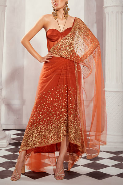 Tangerine embroidered pre-draped sari set