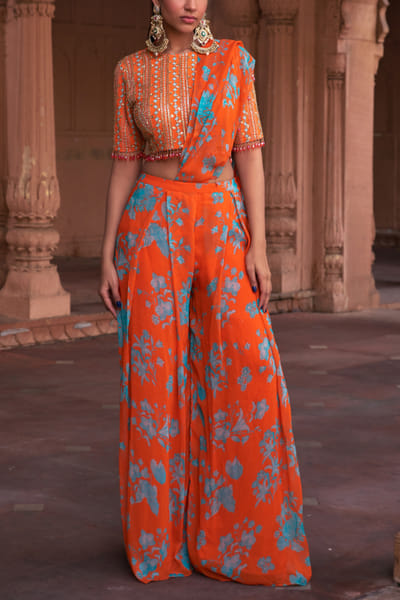 Tangerine floral printed pant sari set