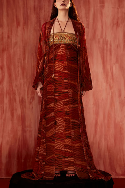 Tangerine geometric printed halter maxi dress
