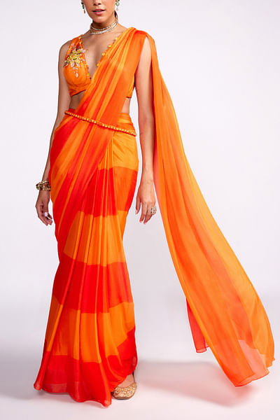 Tangerine orange colour block draped sari set