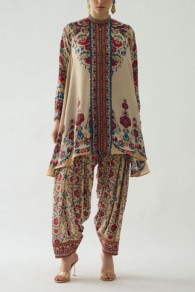 Taupe artisanal print asymmetrical shirt kurta set