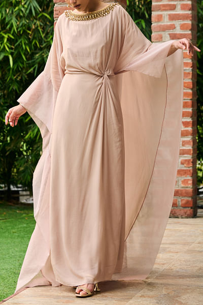 Taupe embellished knotted kaftan