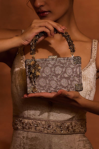 Taupe floral woven brocade clutch