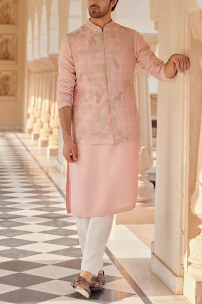Osaa by Adarsh Tea rose embroidery Nehru jacket set OSAJUL2410