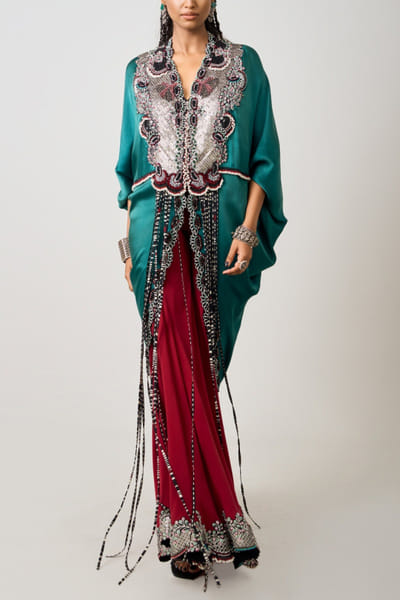 Nupur Kanoi Teal and burgundy embroidered cape and gharara NUKNOV24D215