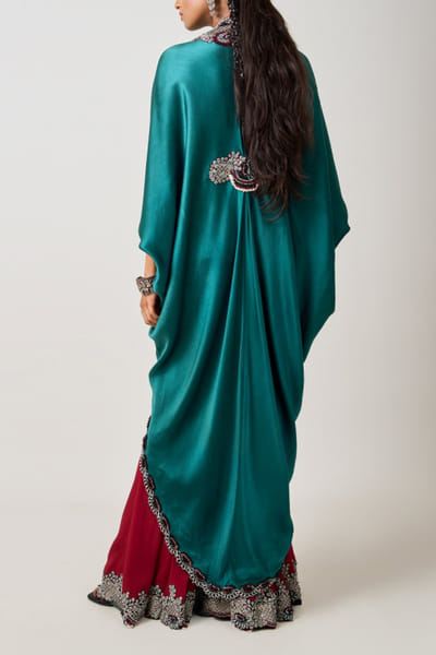 Nupur Kanoi Teal and burgundy embroidered cape and gharara NUKNOV24D215