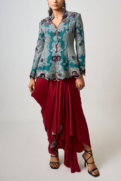 Teal and burgundy embroidered jacket and skirt
