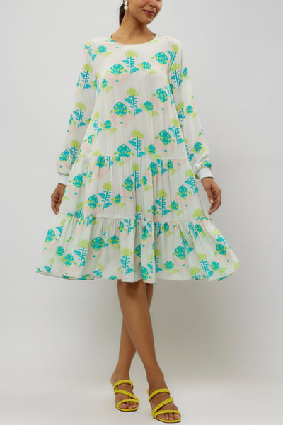 Teal and ivory floral printed frilled dress