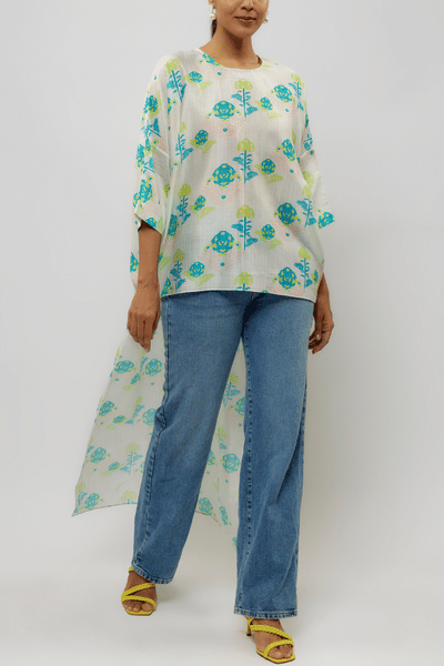 Teal and ivory floral printed tunic
