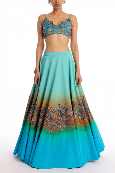 Teal and sky blue ombre embroidered lehenga set