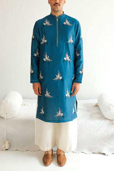 Teal blue bird embroidered kurta set