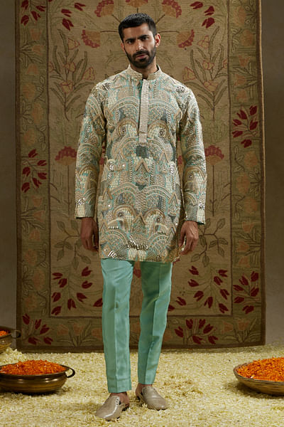 Teal blue embellished kurta set