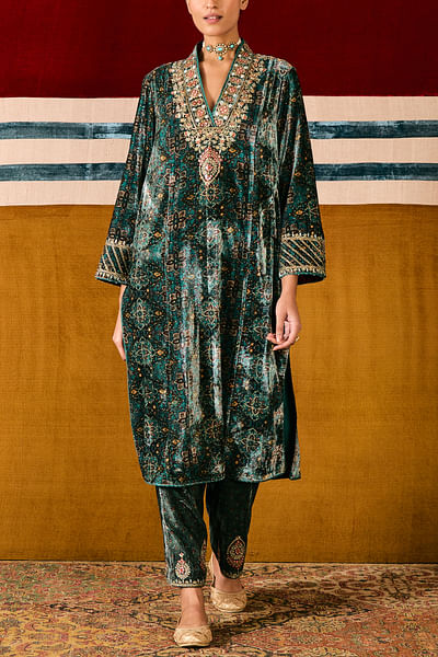 Teal blue embroidered velvet kurta set