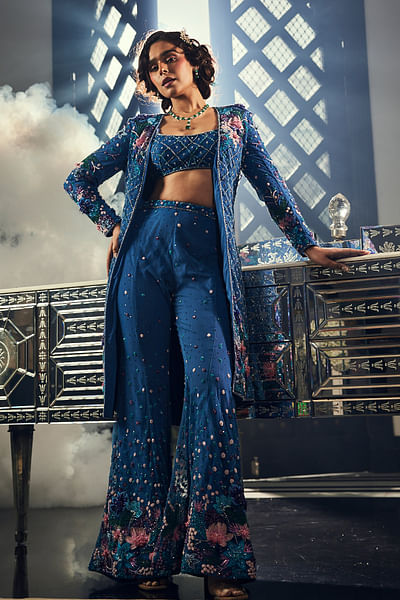 Teal blue floral embroidered jacket set
