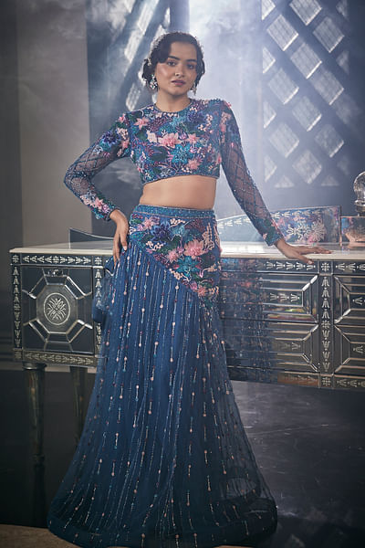 Teal blue floral embroidered lehenga set