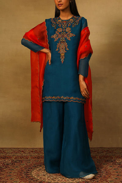 Teal blue floral embroidery short kurta set