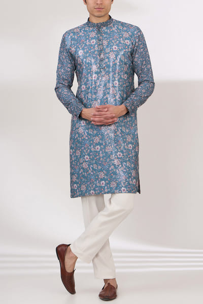 Teal blue floral print sequinned kurta set