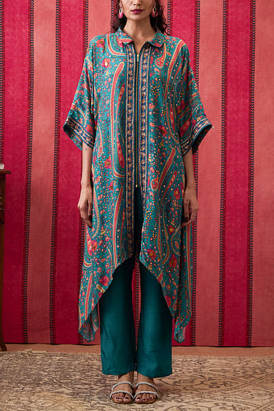 Teal blue floral printed asymmetric kurta set