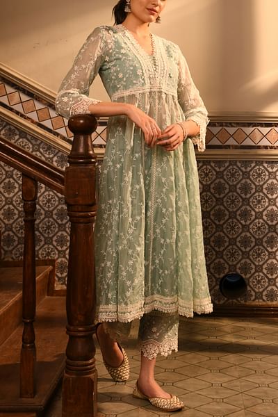 Teal blue floral thread embroidered anarkali set