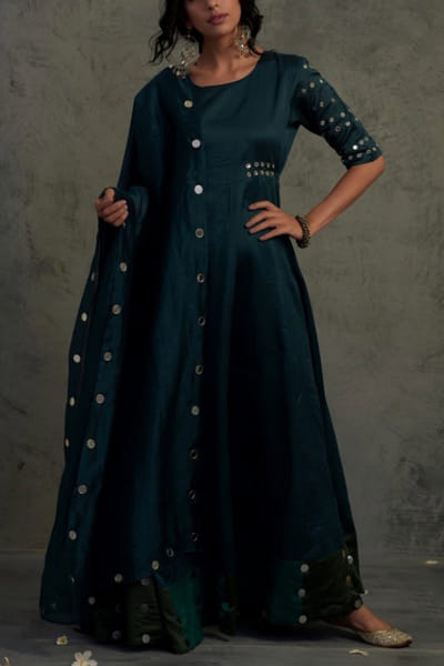 Teal blue mirror embroidered anarkali set